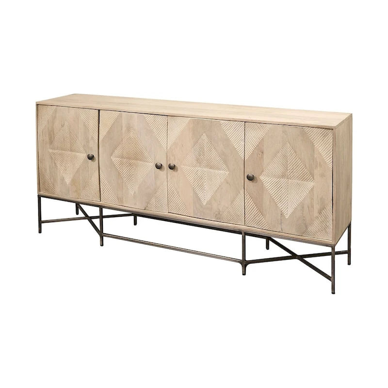 Hogarth I – Buffet à 4 portes avec piètement en bois massif marron bicolore et cadre argenté