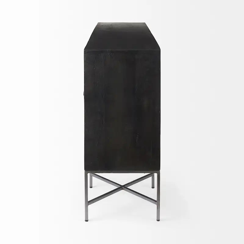 Hogarth I – Buffet à 4 portes avec piètement en bois massif marron bicolore et cadre argenté