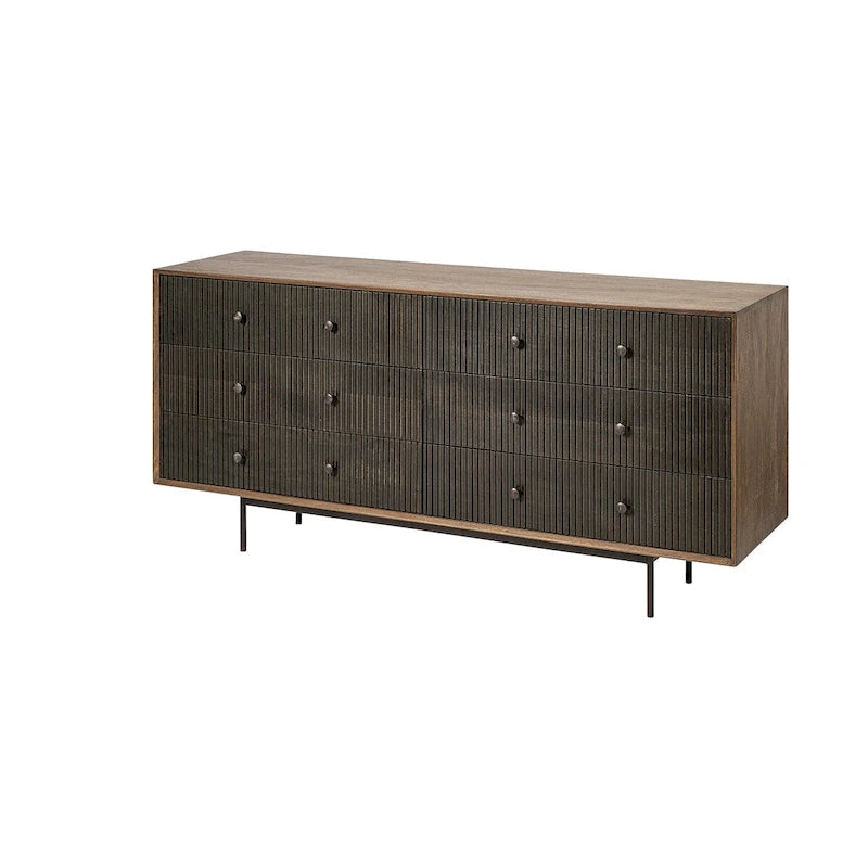 Bahut Grace deux tons marron en bois massif à 6 tiroirs - 70,0L x 18,0l x 31,0H