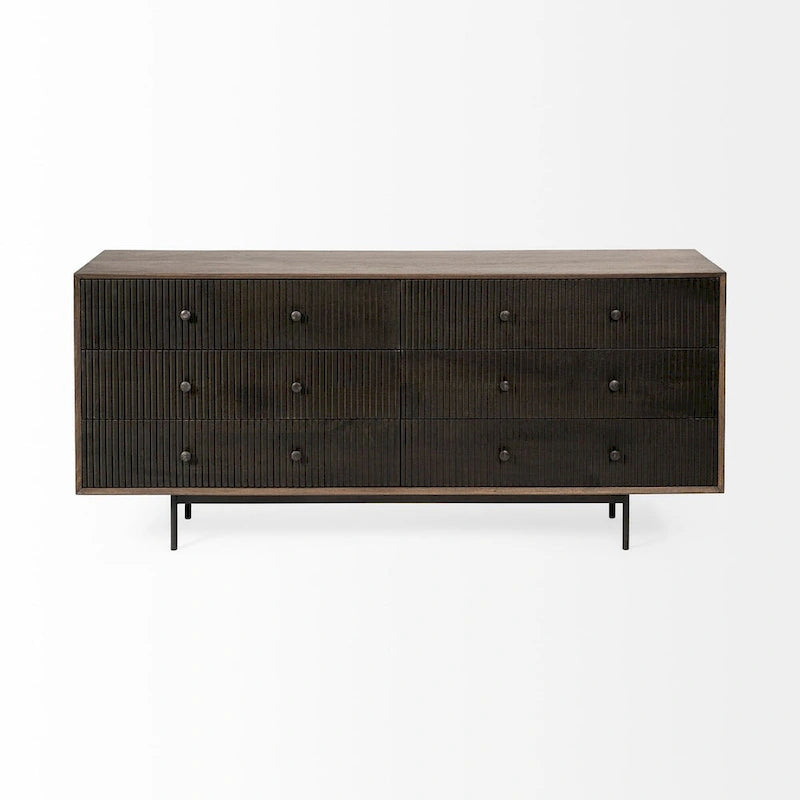 Bahut Grace deux tons marron en bois massif à 6 tiroirs - 70,0L x 18,0l x 31,0H