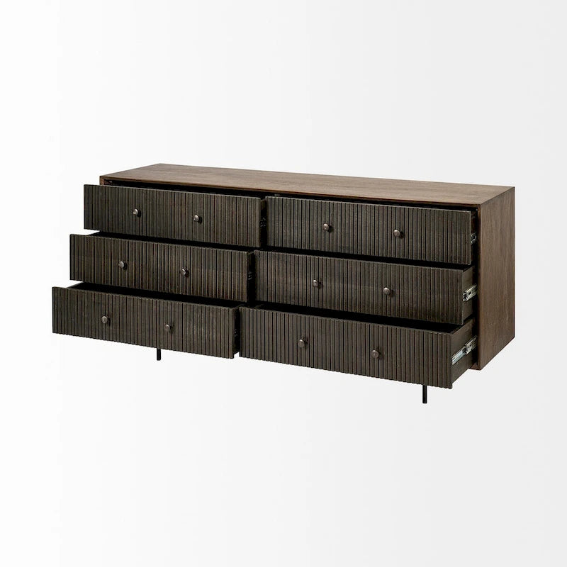 Bahut Grace deux tons marron en bois massif à 6 tiroirs - 70,0L x 18,0l x 31,0H