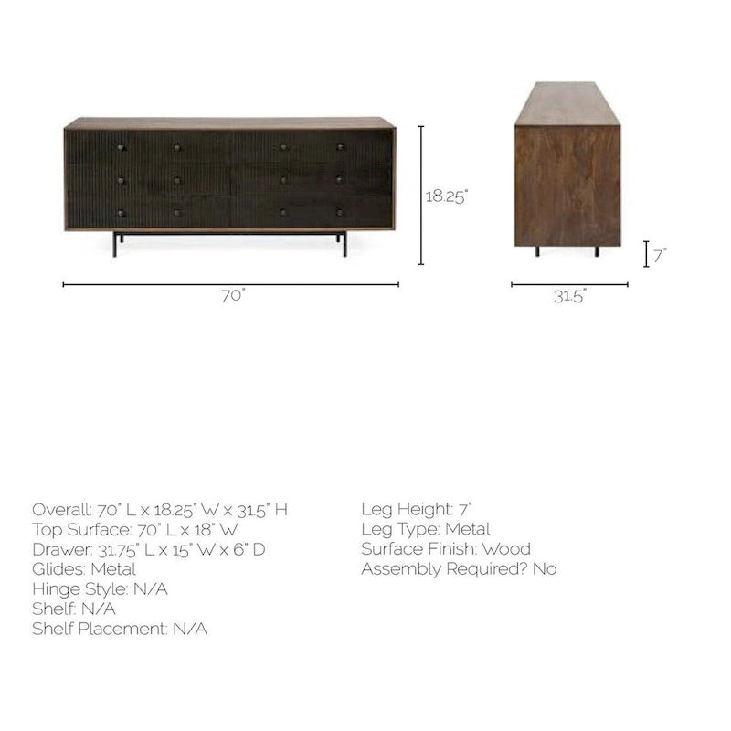 Bahut Grace deux tons marron en bois massif à 6 tiroirs - 70,0L x 18,0l x 31,0H