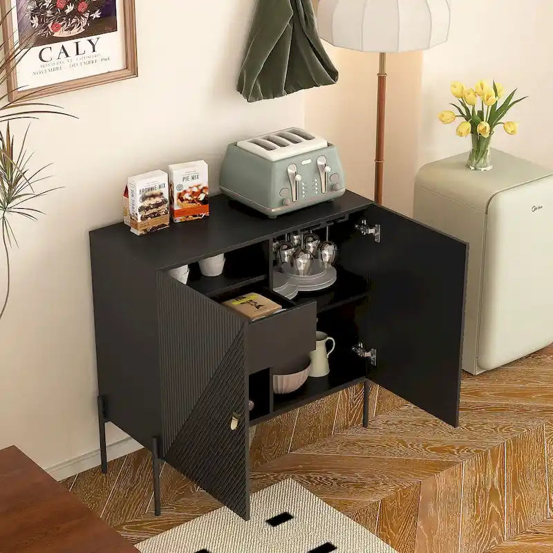 Buffets Meubles Armoires Meuble de bar à café pour la maison, avec tiroirs, 2 armoires et casier à vin 6 bouteilles pour salon (Noir)