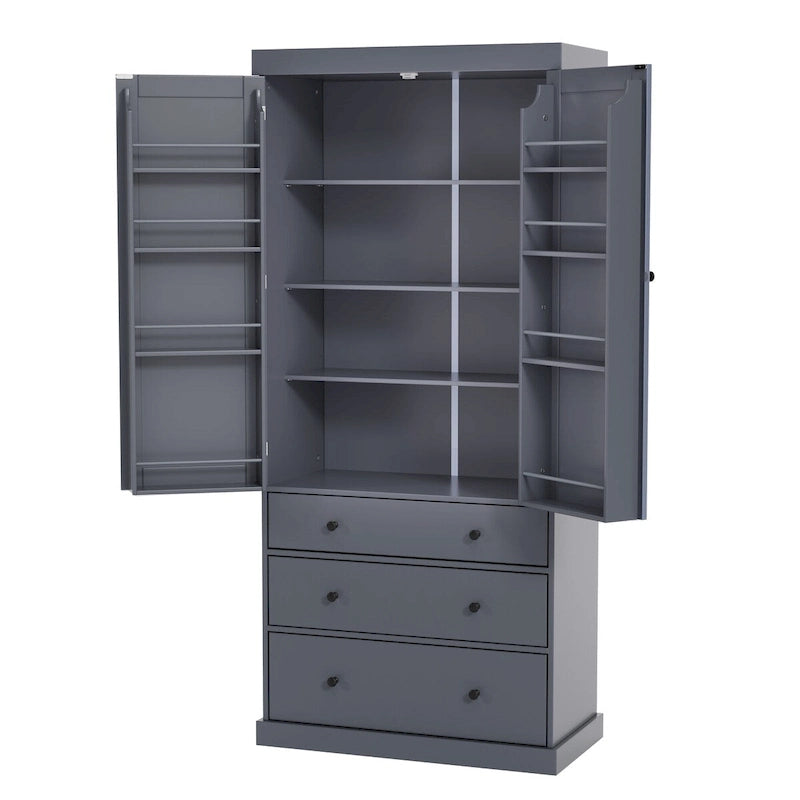 Meuble de cuisine de 77 pouces, placard de rangement haut autoportant avec 3 étagères réglables, 8 étagères de porte, 3 tiroirs pour la cuisine