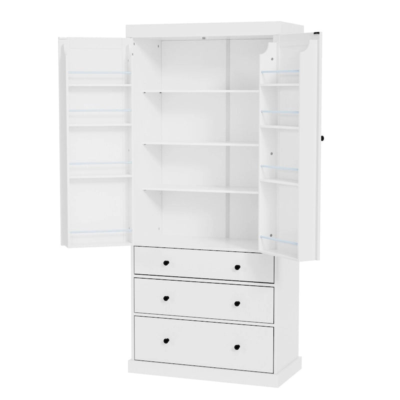 Meuble de cuisine de 77 pouces, placard de rangement haut autoportant avec 3 étagères réglables, 8 étagères de porte, 3 tiroirs pour la cuisine