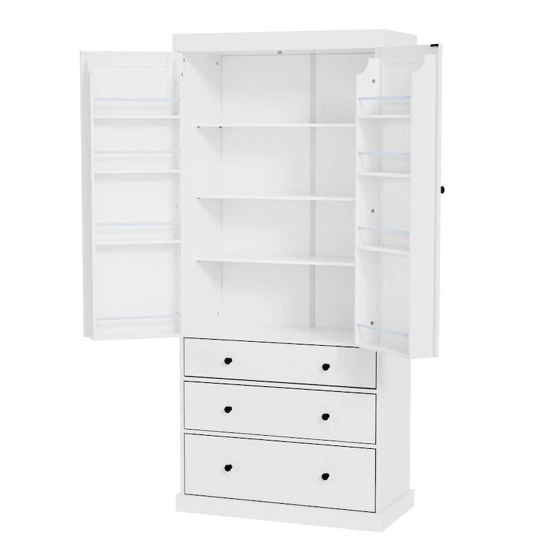 77inch Kitchen Pantry, Freestanding Tall Cupboard Storage Cabinet with 3 Adjustable Shelves,8 Door Shelves,3 Drawers for Kitchen
