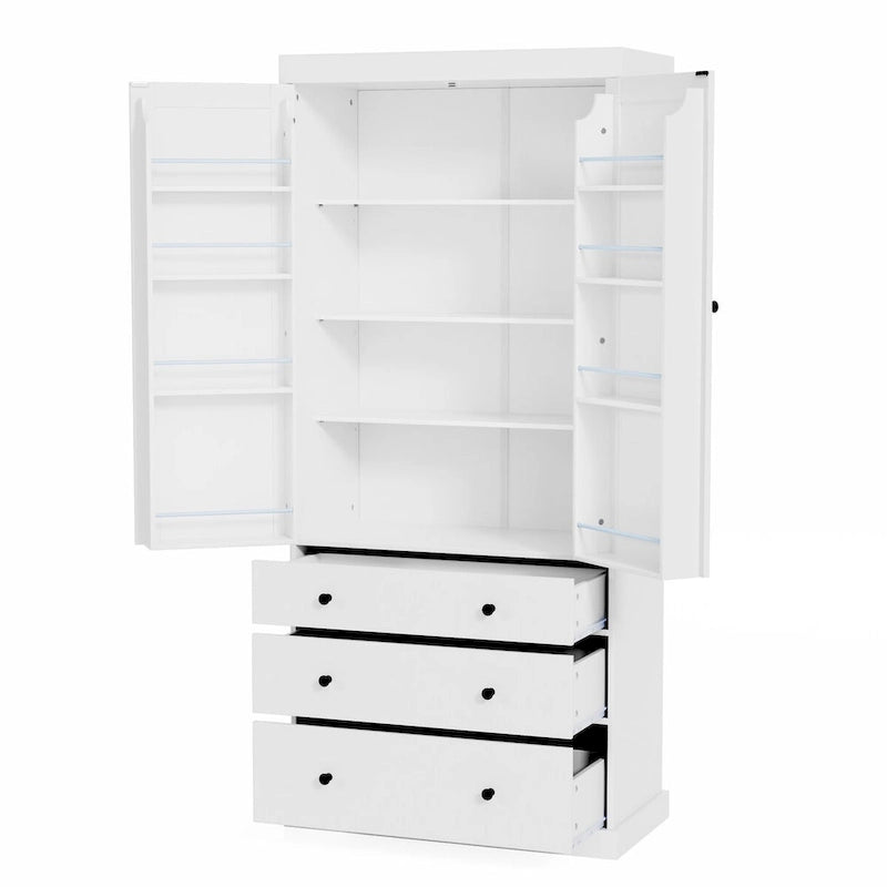 Meuble de cuisine de 77 pouces, placard de rangement haut autoportant avec 3 étagères réglables, 8 étagères de porte, 3 tiroirs pour la cuisine