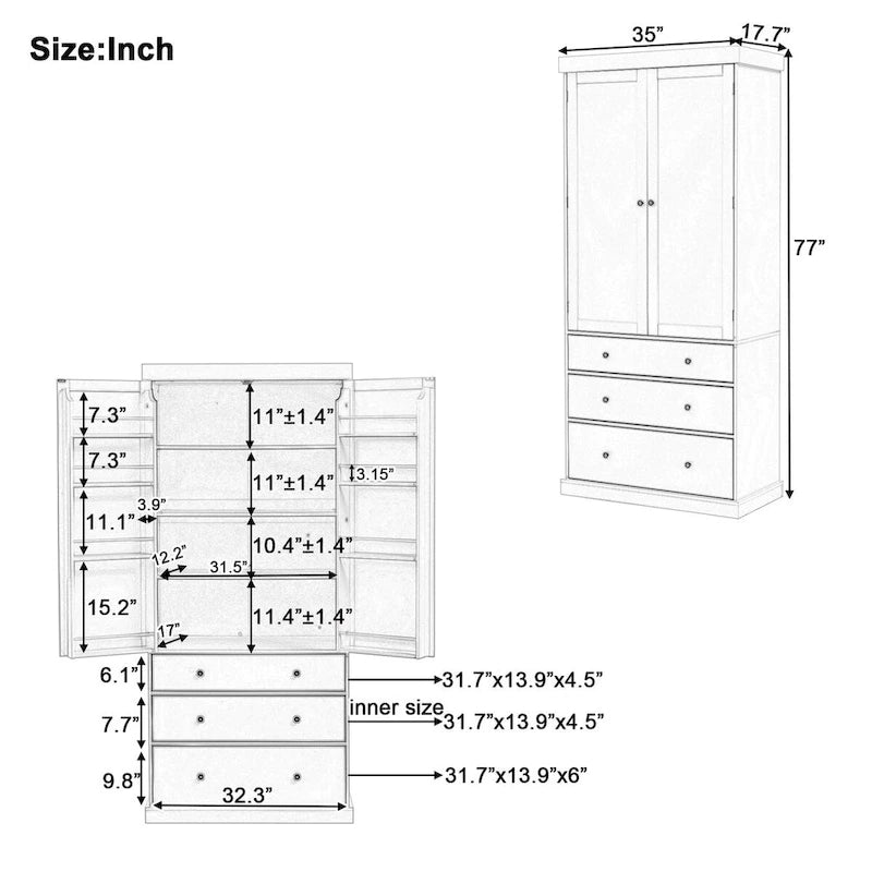 Meuble de cuisine de 77 pouces, placard de rangement haut autoportant avec 3 étagères réglables, 8 étagères de porte, 3 tiroirs pour la cuisine