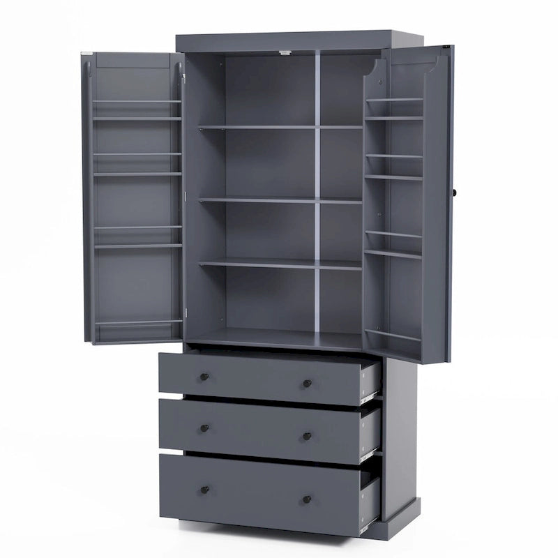 Meuble de cuisine de 77 pouces, placard de rangement haut autoportant avec 3 étagères réglables, 8 étagères de porte, 3 tiroirs pour la cuisine