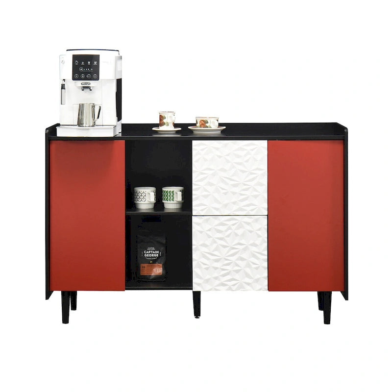 Meuble Buffet Bahut, Meuble de Rangement avec Portes Rouges, 2 Tiroirs au design unique et 2 Compartiments de Rangement Ouverts