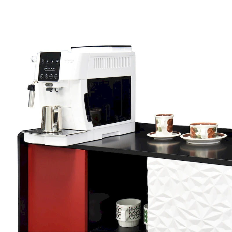 Meuble Buffet Bahut, Meuble de Rangement avec Portes Rouges, 2 Tiroirs au design unique et 2 Compartiments de Rangement Ouverts