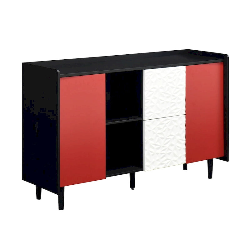 Meuble Buffet Bahut, Meuble de Rangement avec Portes Rouges, 2 Tiroirs au design unique et 2 Compartiments de Rangement Ouverts