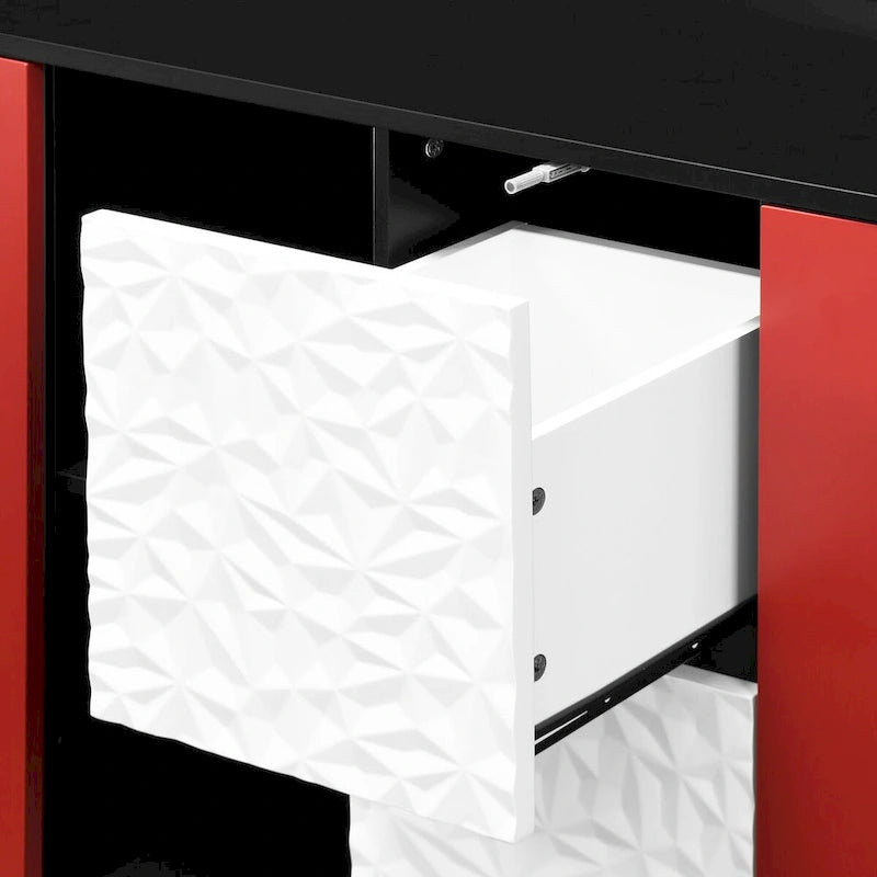Meuble Buffet Bahut, Meuble de Rangement avec Portes Rouges, 2 Tiroirs au design unique et 2 Compartiments de Rangement Ouverts