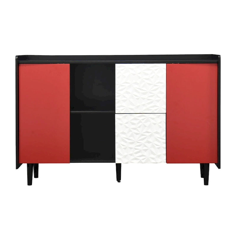 Meuble Buffet Bahut, Meuble de Rangement avec Portes Rouges, 2 Tiroirs au design unique et 2 Compartiments de Rangement Ouverts