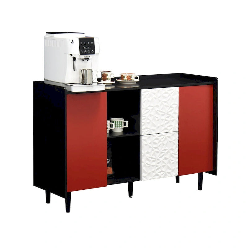 Meuble Buffet Bahut, Meuble de Rangement avec Portes Rouges, 2 Tiroirs au design unique et 2 Compartiments de Rangement Ouverts