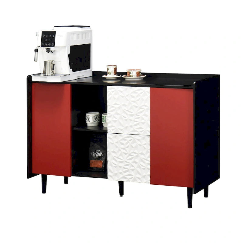 Meuble Buffet Bahut, Meuble de Rangement avec Portes Rouges, 2 Tiroirs au design unique et 2 Compartiments de Rangement Ouverts