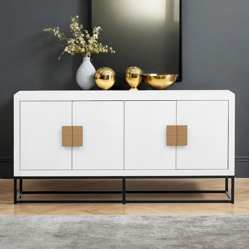 Meuble de style "Luxe Léger" avec pieds de support uniques et étagères réglables, convient pour les salons et les couloirs.