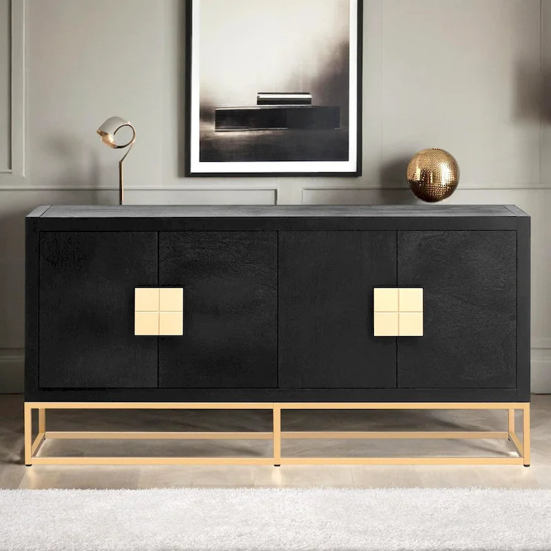 Meuble de style "Luxe Léger" avec pieds de support uniques et étagères réglables, convient pour les salons et les couloirs.