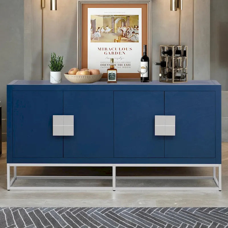 Meuble de style "Luxe Léger" avec pieds de support uniques et étagères réglables, convient pour les salons et les couloirs.