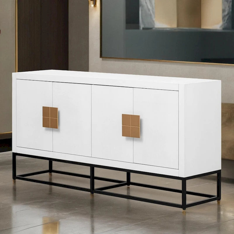 Meuble de style "Luxe Léger" avec pieds de support uniques et étagères réglables, convient pour les salons et les couloirs.