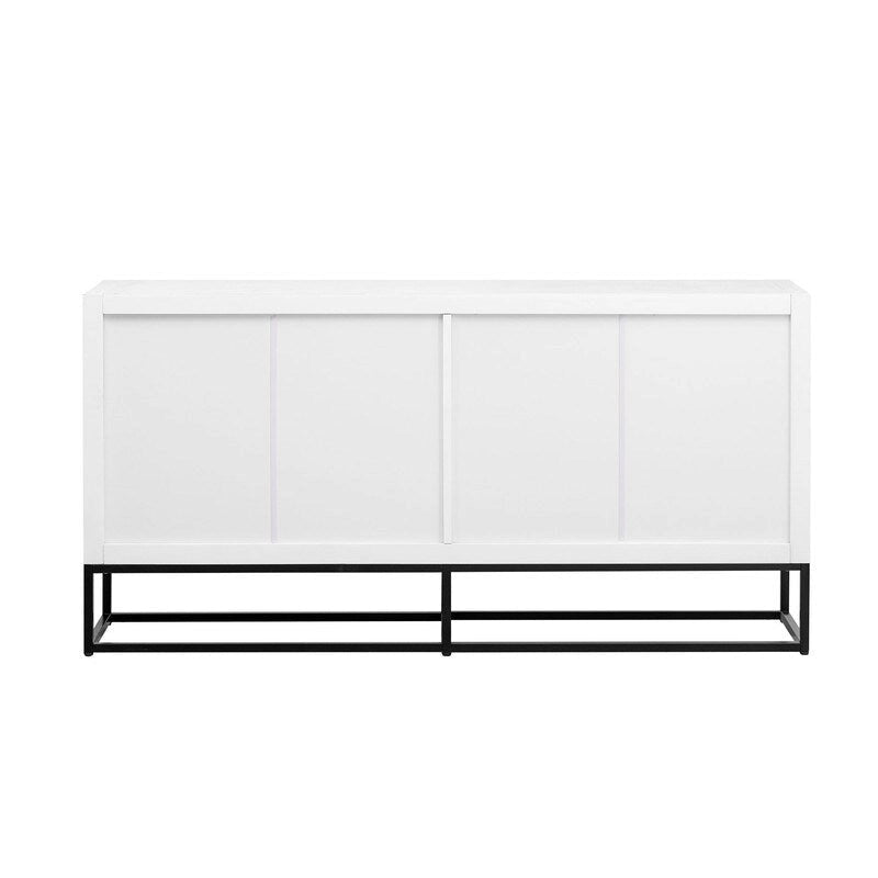 Meuble de style "Luxe Léger" avec pieds de support uniques et étagères réglables, convient pour les salons et les couloirs.