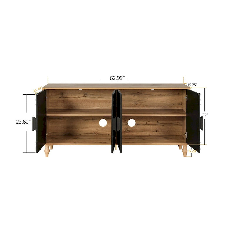Porte sculptée au design symétrique et cadre couleur bois pour meuble TV, salon, entrée