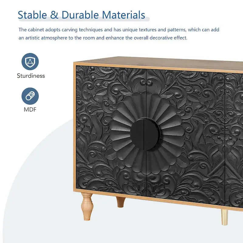 Porte sculptée au design symétrique et cadre couleur bois pour meuble TV, salon, entrée