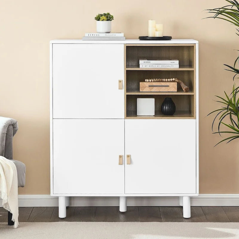 Meuble bas en bois à 3 portes avec poignée en cuir