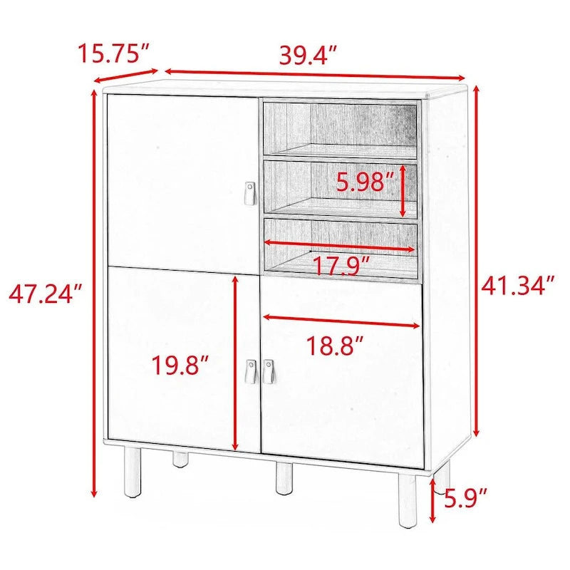 Meuble bas en bois à 3 portes avec poignée en cuir