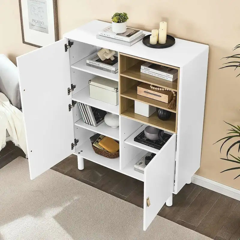 Meuble bas en bois à 3 portes avec poignée en cuir