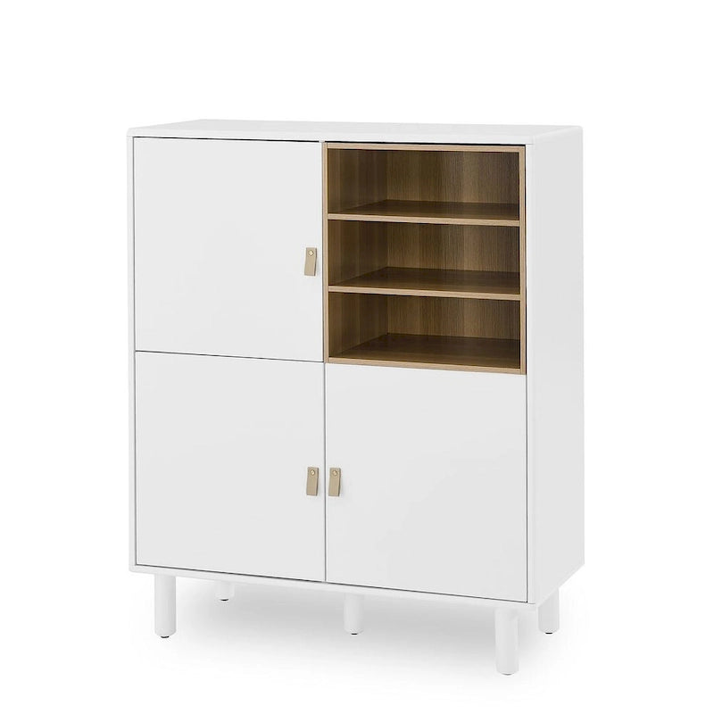Meuble bas en bois à 3 portes avec poignée en cuir