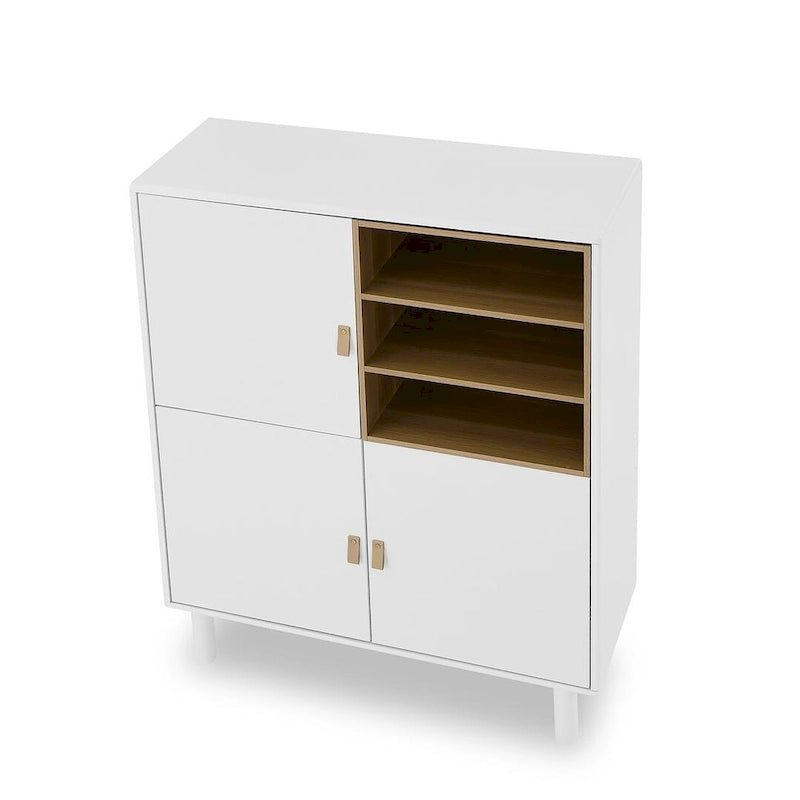 Meuble bas en bois à 3 portes avec poignée en cuir