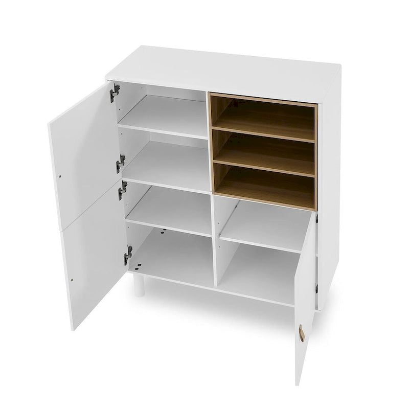 Meuble bas en bois à 3 portes avec poignée en cuir