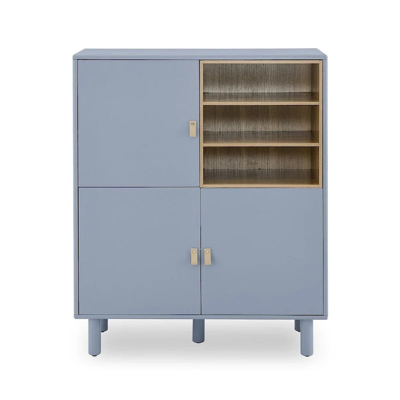 Meuble bas en bois à 3 portes avec poignée en cuir