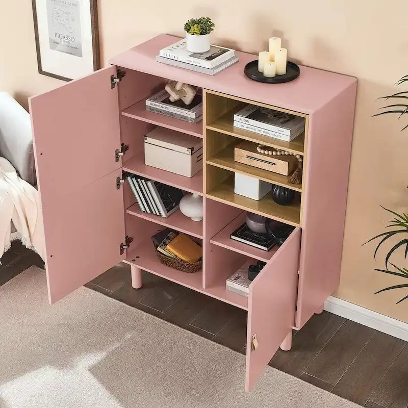 Meuble bas en bois à 3 portes avec poignée en cuir