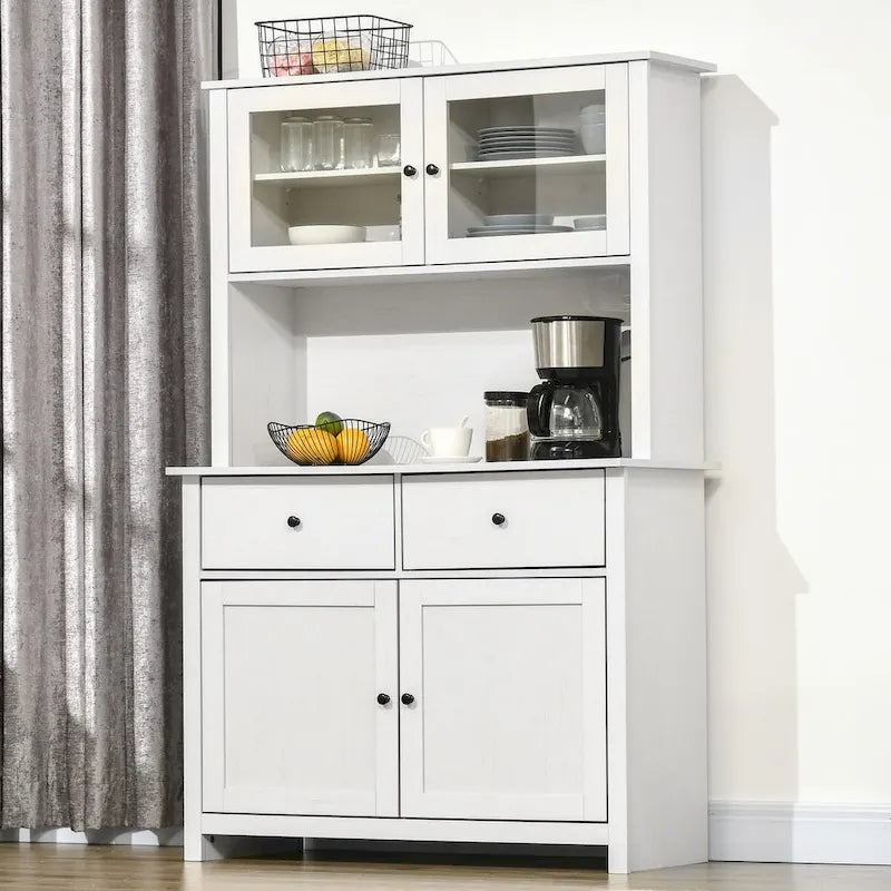Buffet de cuisine de 63,5 po avec huche, 4 étagères, tiroirs, portes vitrées encadrées