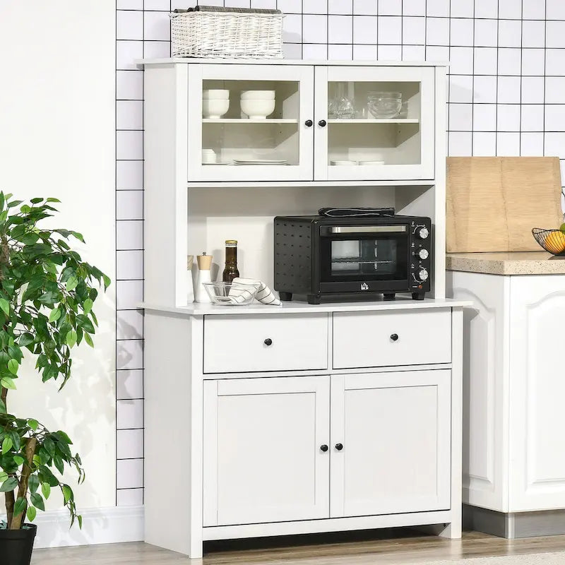 Buffet de cuisine de 63,5 po avec huche, 4 étagères, tiroirs, portes vitrées encadrées