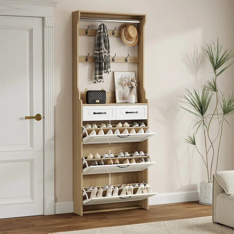 Nouveau meuble à chaussures 3 portes 2 tiroirs avec cintre, porte en PVC moulée, grand espace de rangement