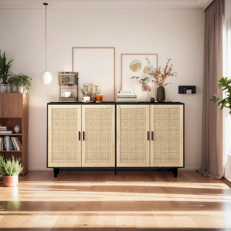 62.20 Armoire de rangement décorative élégante et fonctionnelle à 4 portes en rotin pour chambre à coucher, salon, bureau, montage facile, noir