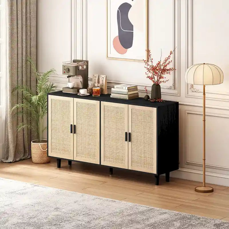 62.20 Armoire de rangement décorative élégante et fonctionnelle à 4 portes en rotin pour chambre à coucher, salon, bureau, montage facile, noir