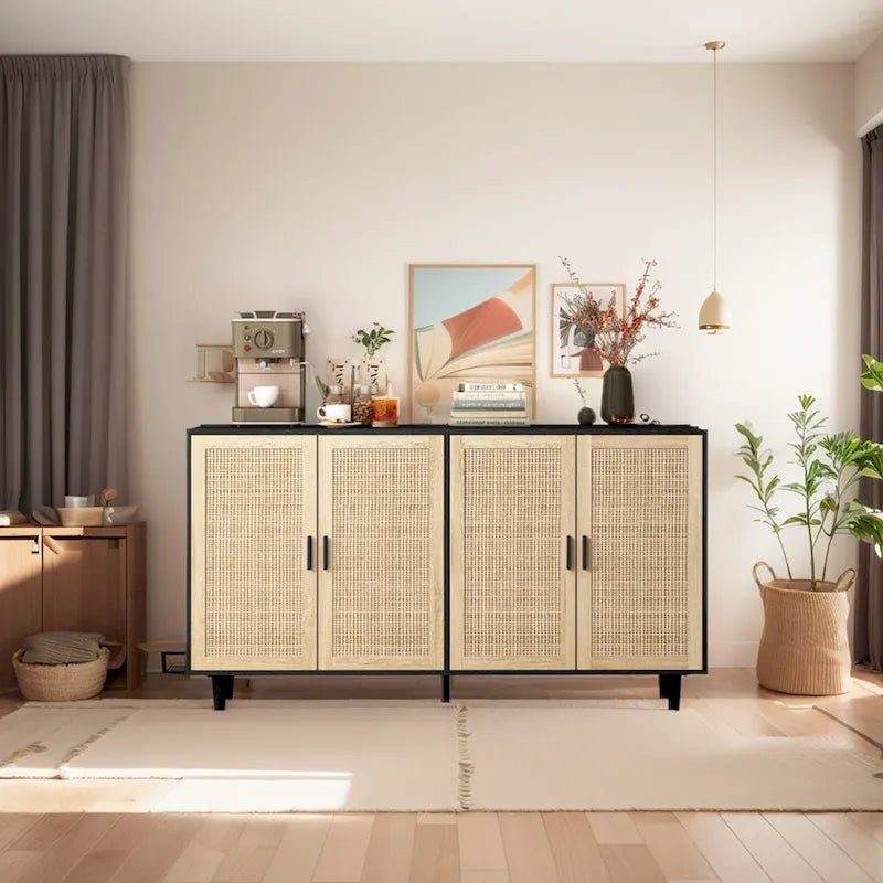 62.20 Armoire de rangement décorative élégante et fonctionnelle à 4 portes en rotin pour chambre à coucher, salon, bureau, montage facile, noir