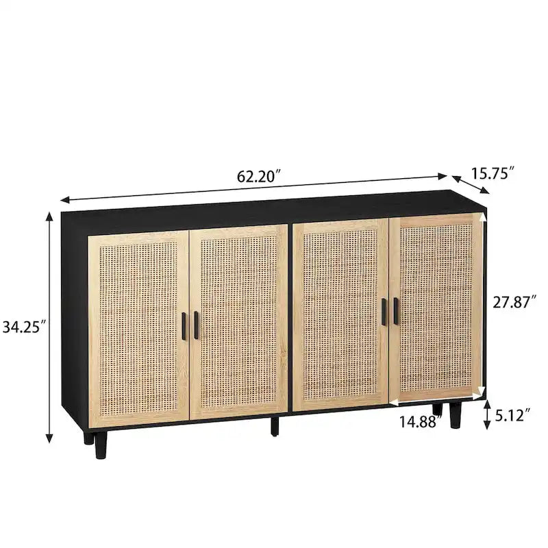 62.20 Armoire de rangement décorative élégante et fonctionnelle à 4 portes en rotin pour chambre à coucher, salon, bureau, montage facile, noir
