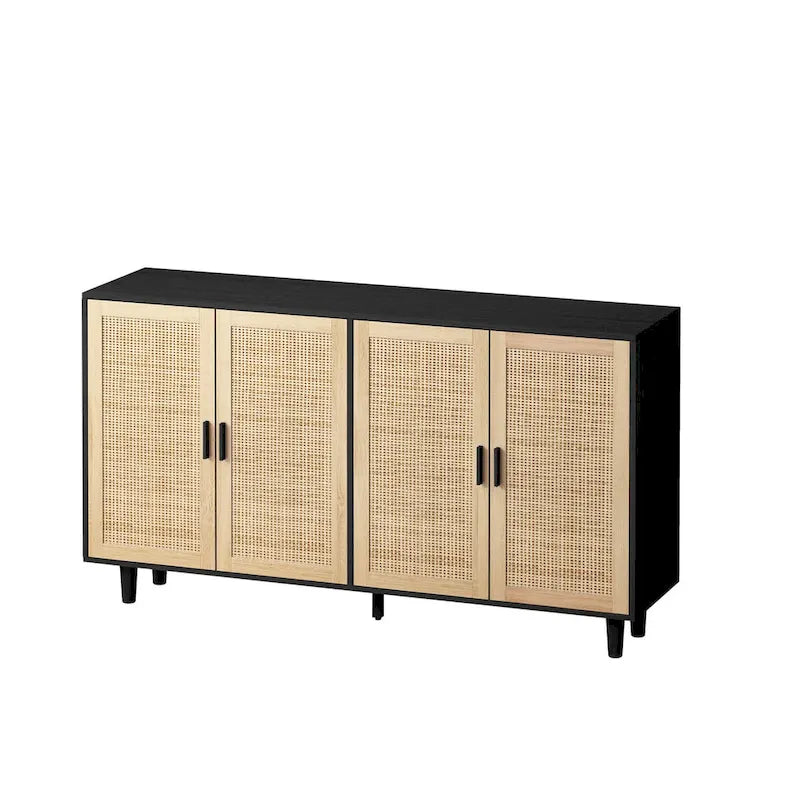 62.20 Armoire de rangement décorative élégante et fonctionnelle à 4 portes en rotin pour chambre à coucher, salon, bureau, montage facile, noir