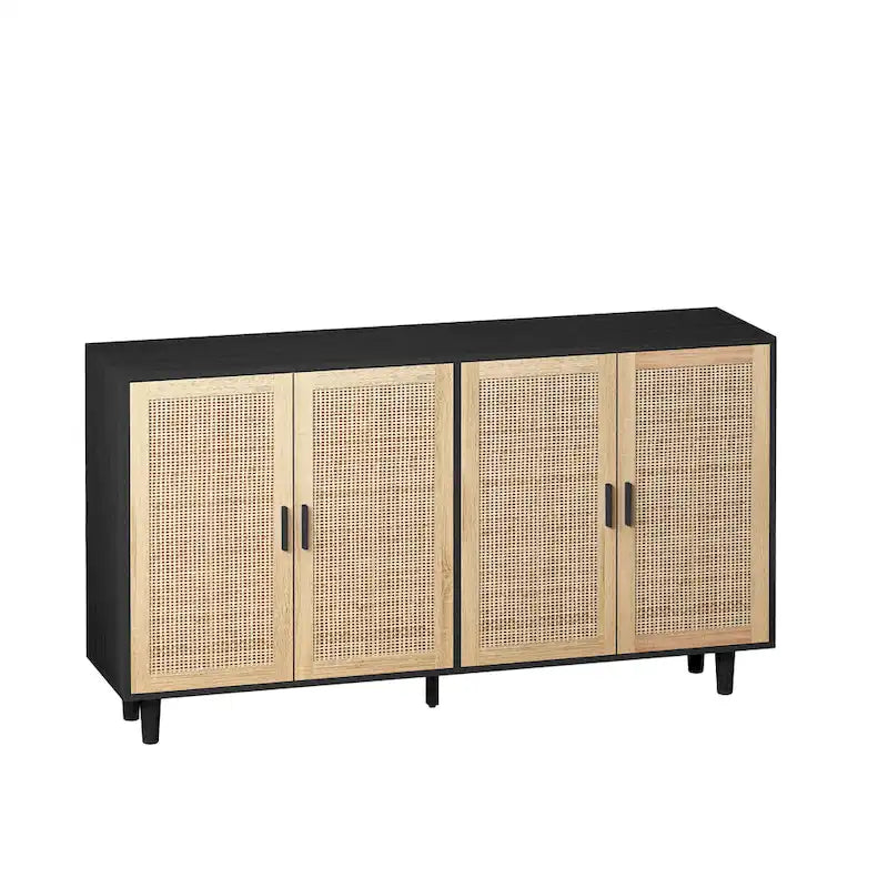 62.20 Armoire de rangement décorative élégante et fonctionnelle à 4 portes en rotin pour chambre à coucher, salon, bureau, montage facile, noir