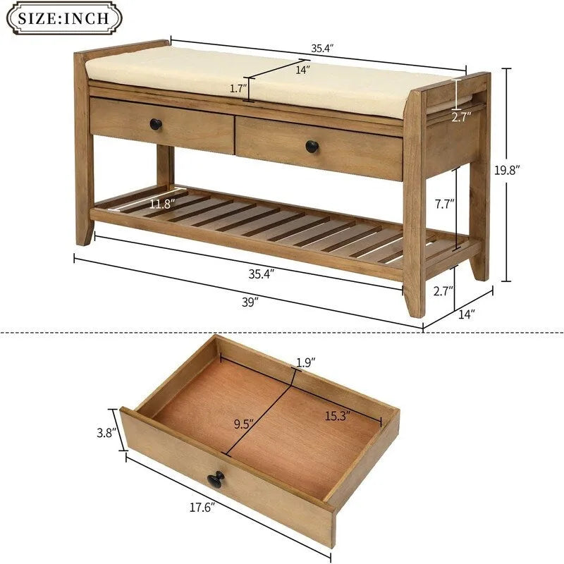 Banc à chaussures avec coussin - 39,4P x 13,8L x 18,9H