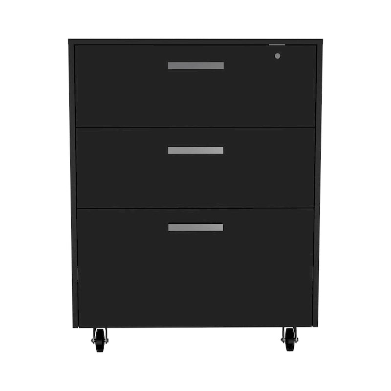 Armoire de rangement - Dessus supérieur, meuble bas à tiroirs, trois tiroirs, quatre roulettes - Noir