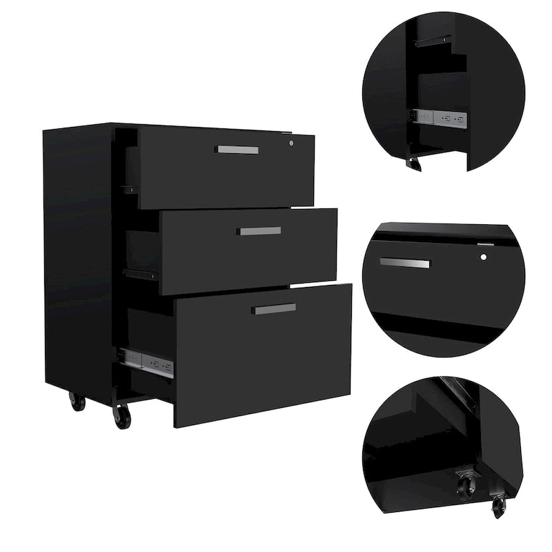 Armoire de rangement - Dessus supérieur, meuble bas à tiroirs, trois tiroirs, quatre roulettes - Noir