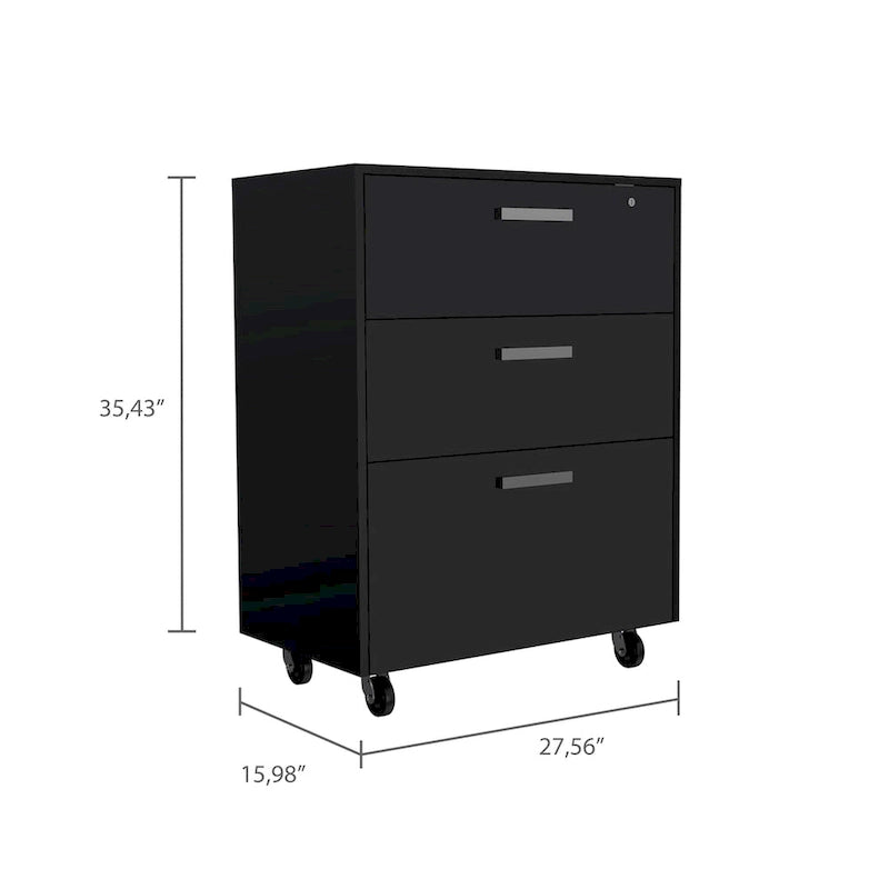 Armoire de rangement - Dessus supérieur, meuble bas à tiroirs, trois tiroirs, quatre roulettes - Noir