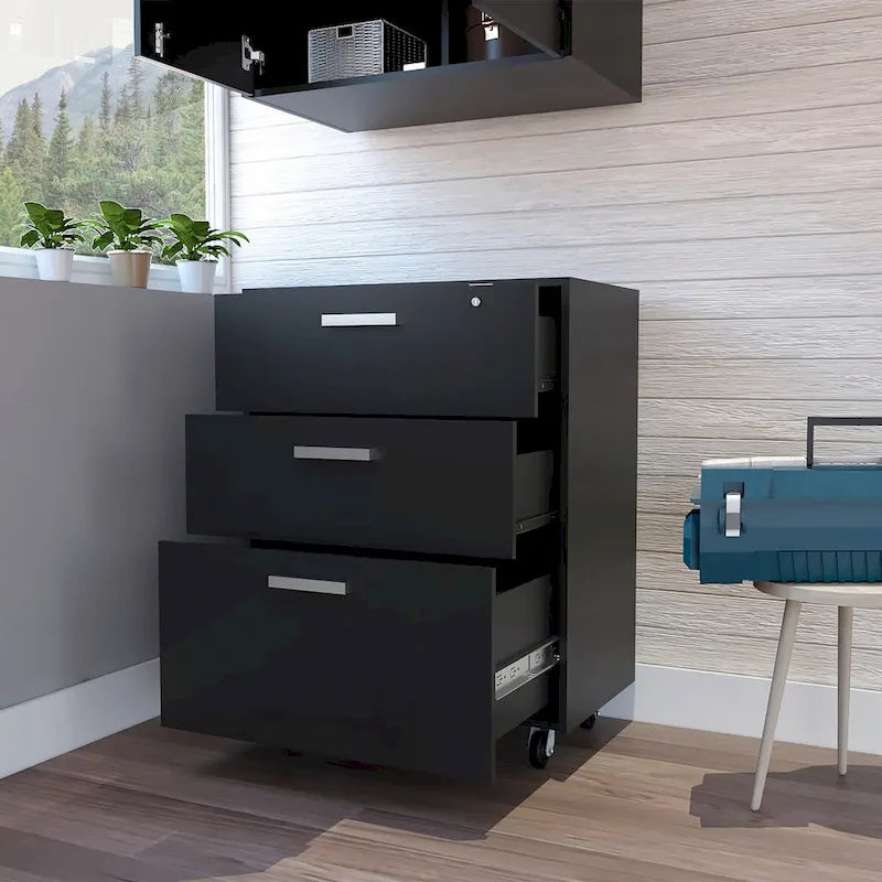 Armoire de rangement - Dessus supérieur, meuble bas à tiroirs, trois tiroirs, quatre roulettes - Noir