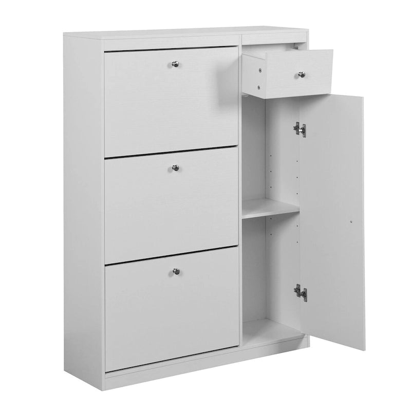 Meuble à chaussures, Organisateur de rangement à chaussures à seau basculant autoportant avec 3 tiroirs rabattables, Rangement étroit d'entrée avec étagère réglable